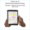 Close-up of musical instruments poster pdf on a tablet screen.