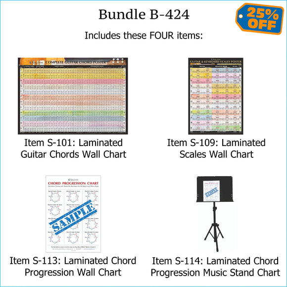 Bundle B-424: THREE Laminated Wall Posters: Complete Guitar Chords, Scales, & Chord Progressions. FREE SHIPPING – USA & Canada.