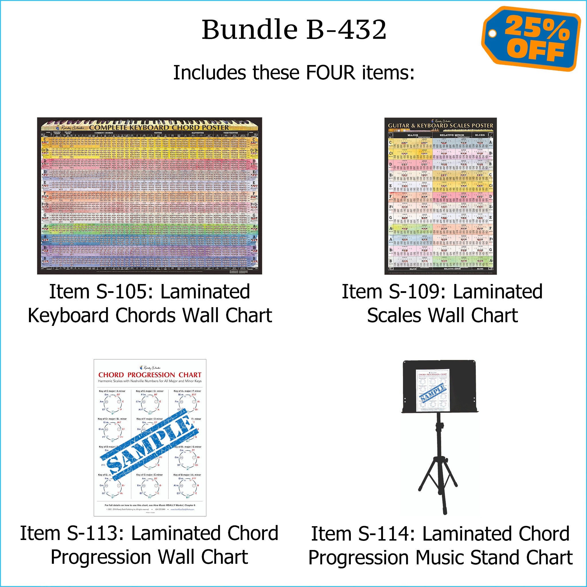 Bundle B-432: THREE Laminated Wall Posters: Complete Keyboard Chords, Scales, & Chord Progressions. FREE SHIPPING – USA & Canada.