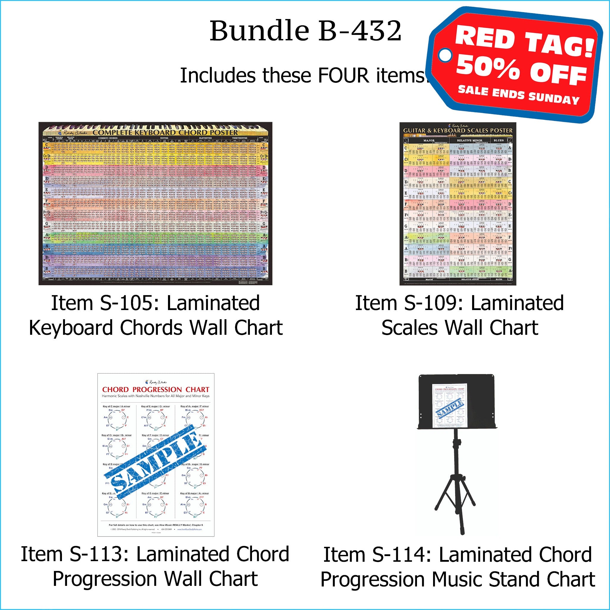 Bundle B-432: THREE Laminated Wall Posters: Complete Keyboard Chords, Scales, & Chord Progressions. FREE SHIPPING – USA & Canada.