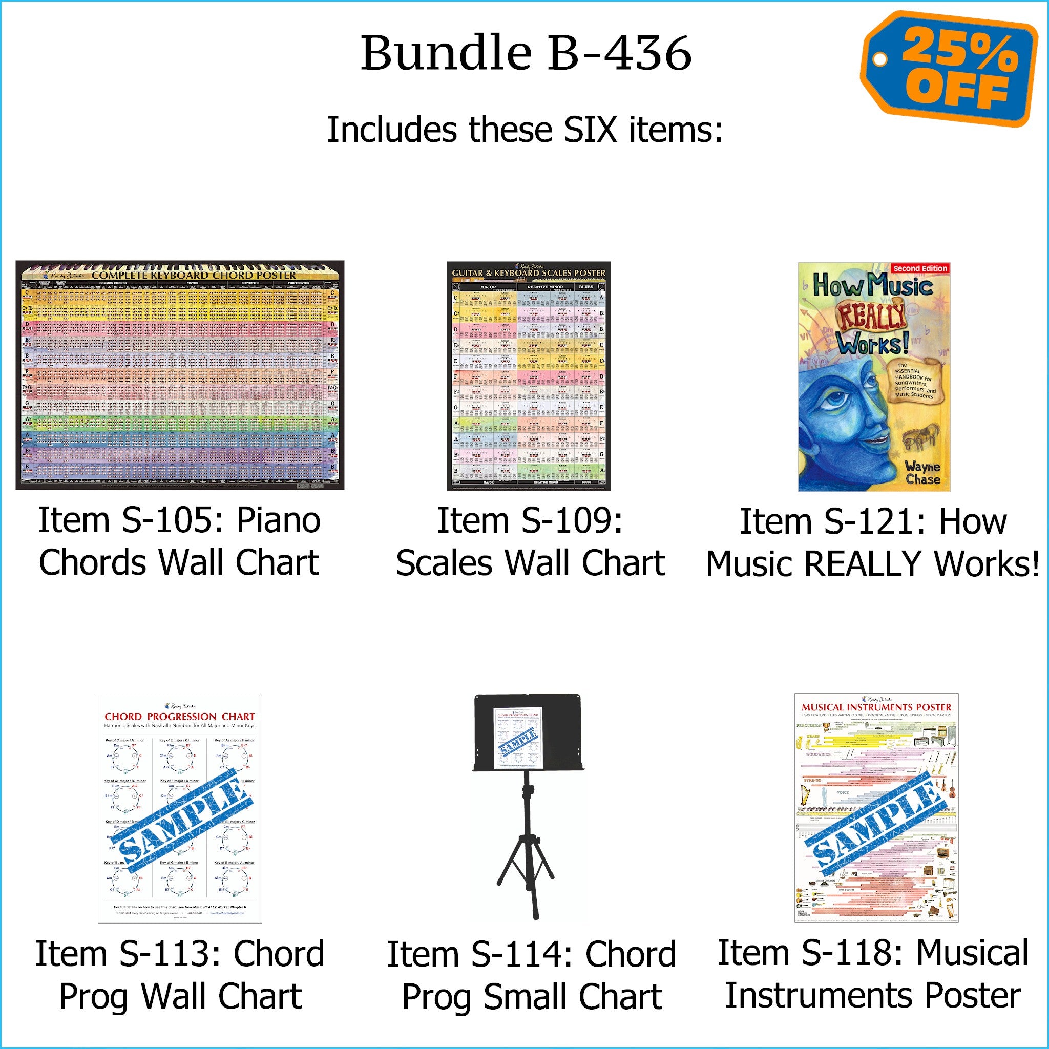 Bundle B-436: "How Music REALLY Works!, 2nd Edition" Print Book + FOUR Laminated Wall Posters:  Complete Keyboard Chords, Scales, Chord Progressions, & Instruments. FREE SHIPPING – USA & Canada.
