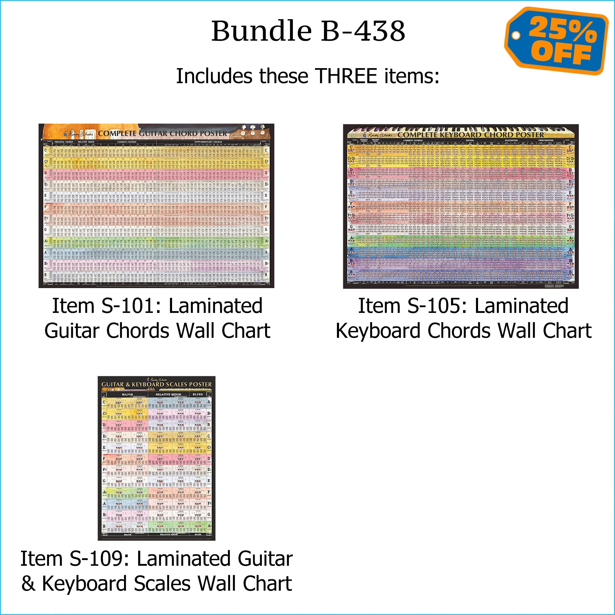 Bundle B-438: THREE Laminated Wall Posters: Complete Guitar Chords, Complete Keyboard Chords, & Scales. FREE SHIPPING – USA & Canada.
