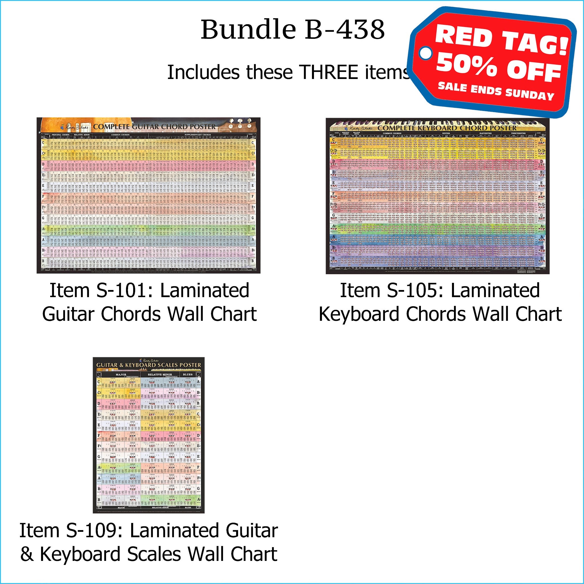 Bundle B-438: THREE Laminated Wall Posters: Complete Guitar Chords, Complete Keyboard Chords, & Scales. FREE SHIPPING – USA & Canada.