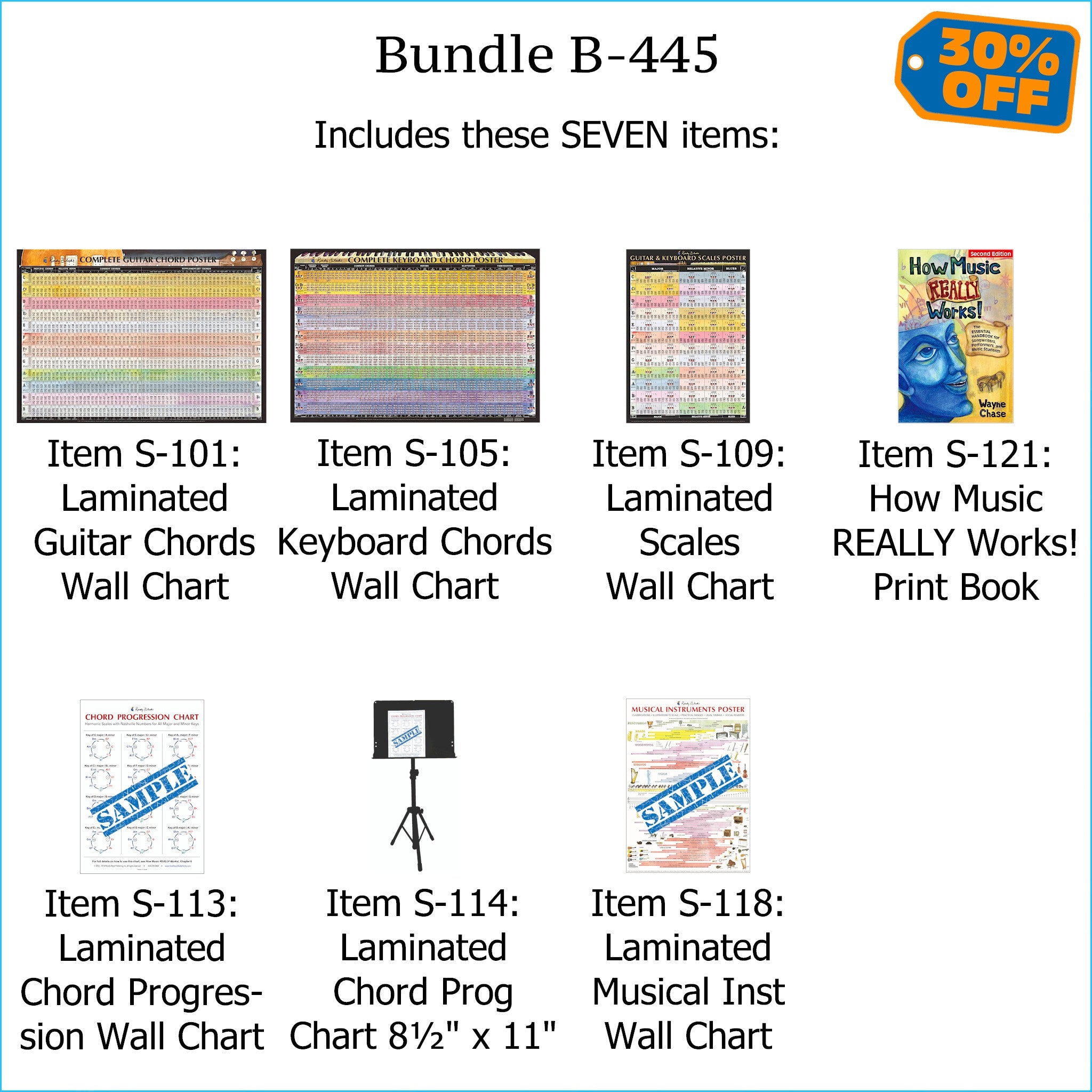 Bundle B-445: "How Music REALLY Works! 2nd Edition" Print Book + FIVE Laminated Wall Posters: Complete Guitar Chords, Complete Keyboard Chords, Scales, Chord Progressions, & Instruments. FREE SHIPPING – USA & Canada.