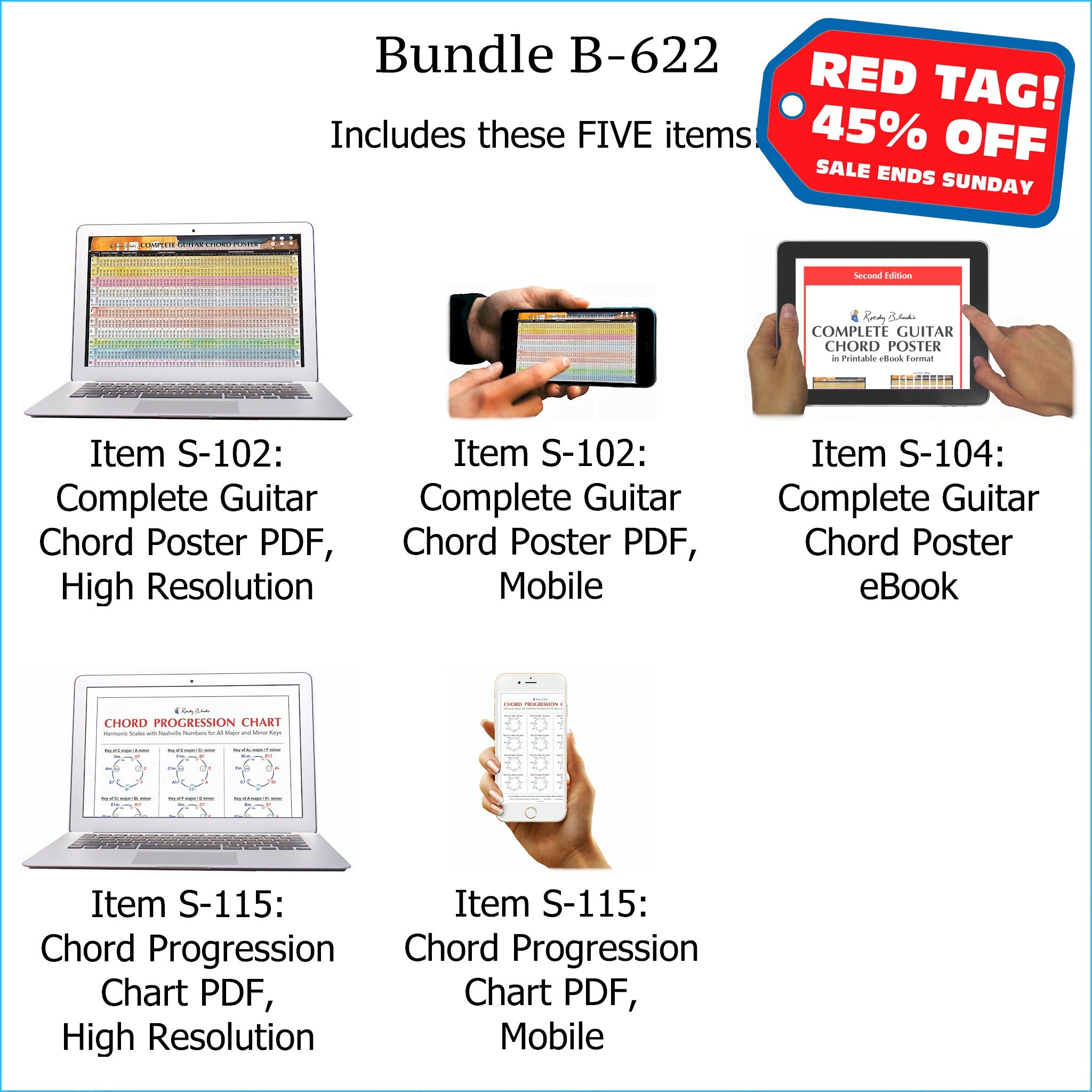 Bundle B-622 (FIVE Items): Includes "Complete Guitar Chord Poster" and "Chord Progression Chart". High Resolution E-Posters for Smartphone / Tablet / Computer, and High Resolution Printable E-Book. FREE Download Protection.