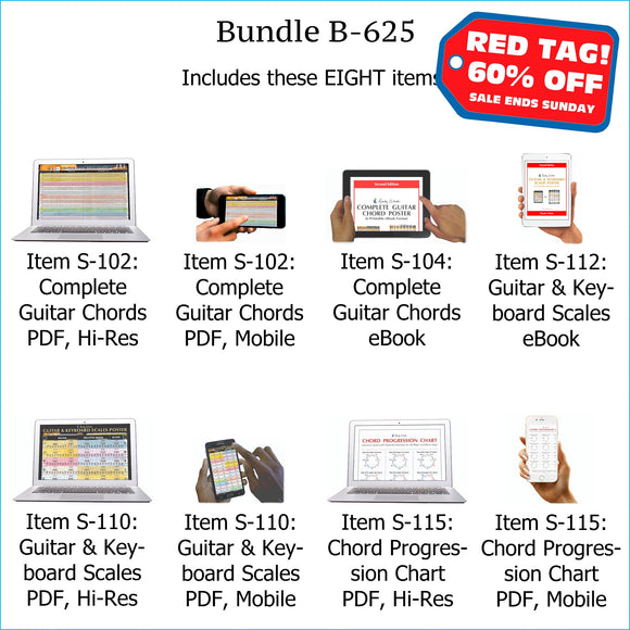 Bundle B-625: Complete Guitar Chords, Scales, Chord Progressions - E-Posters and Printable E-Books. FREE Download Protection.