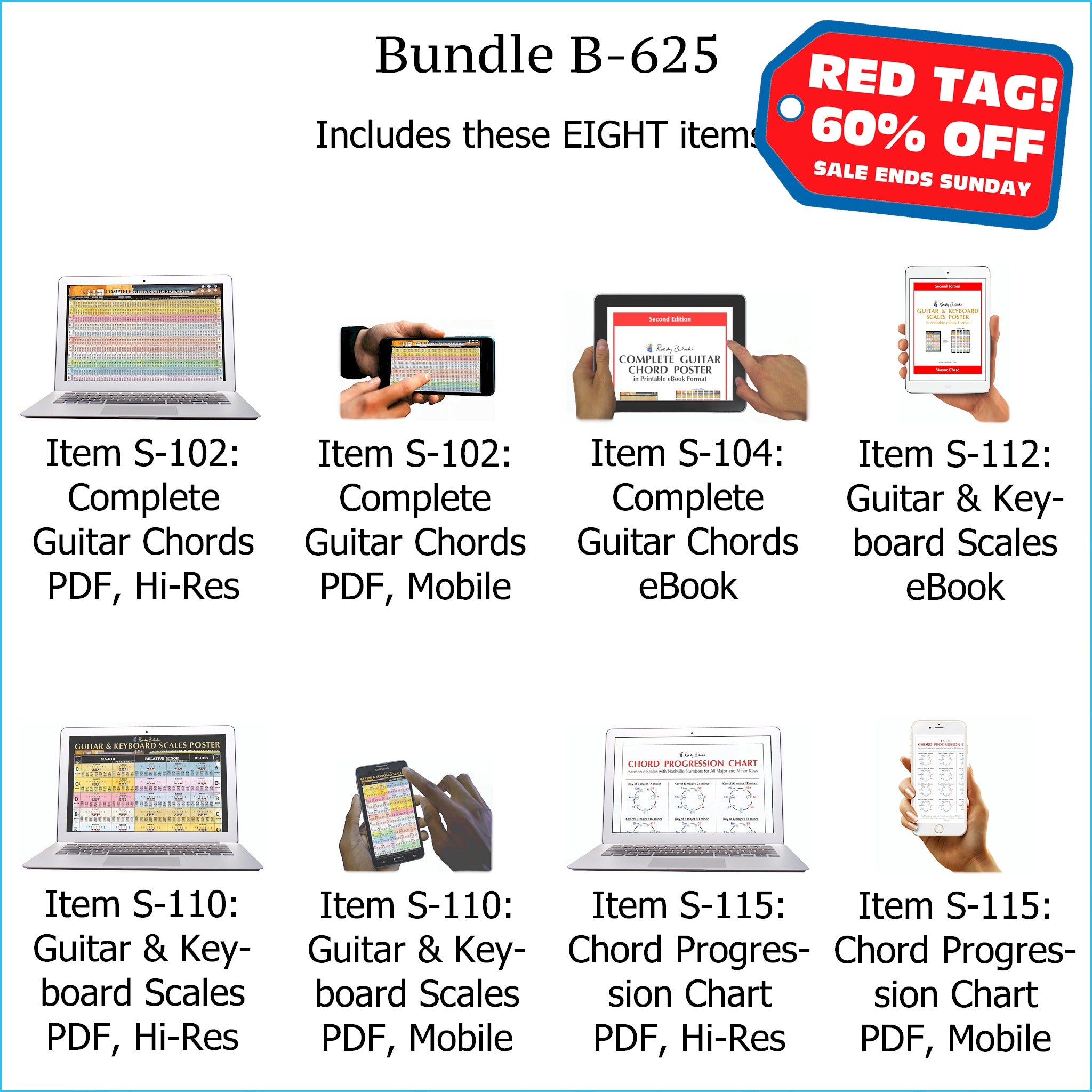 Bundle B-625: Complete Guitar Chords, Scales, Chord Progressions - E-Posters and Printable E-Books. FREE Download Protection.