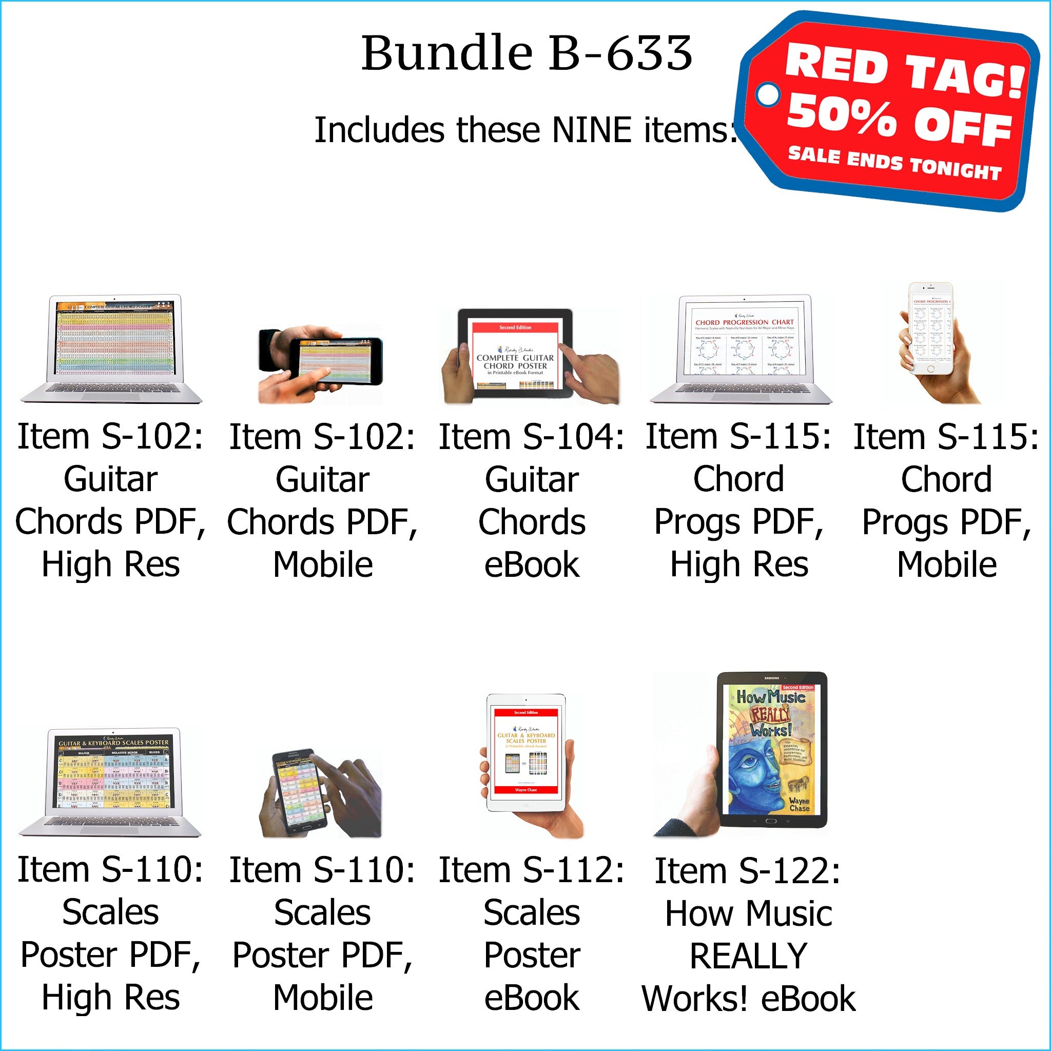 Bundle B-633: How Music REALLY Works! E-Book + Guitar Chords, Chord Progressions, Scales - E-Posters and Printable E-Books. FREE Download Protection.