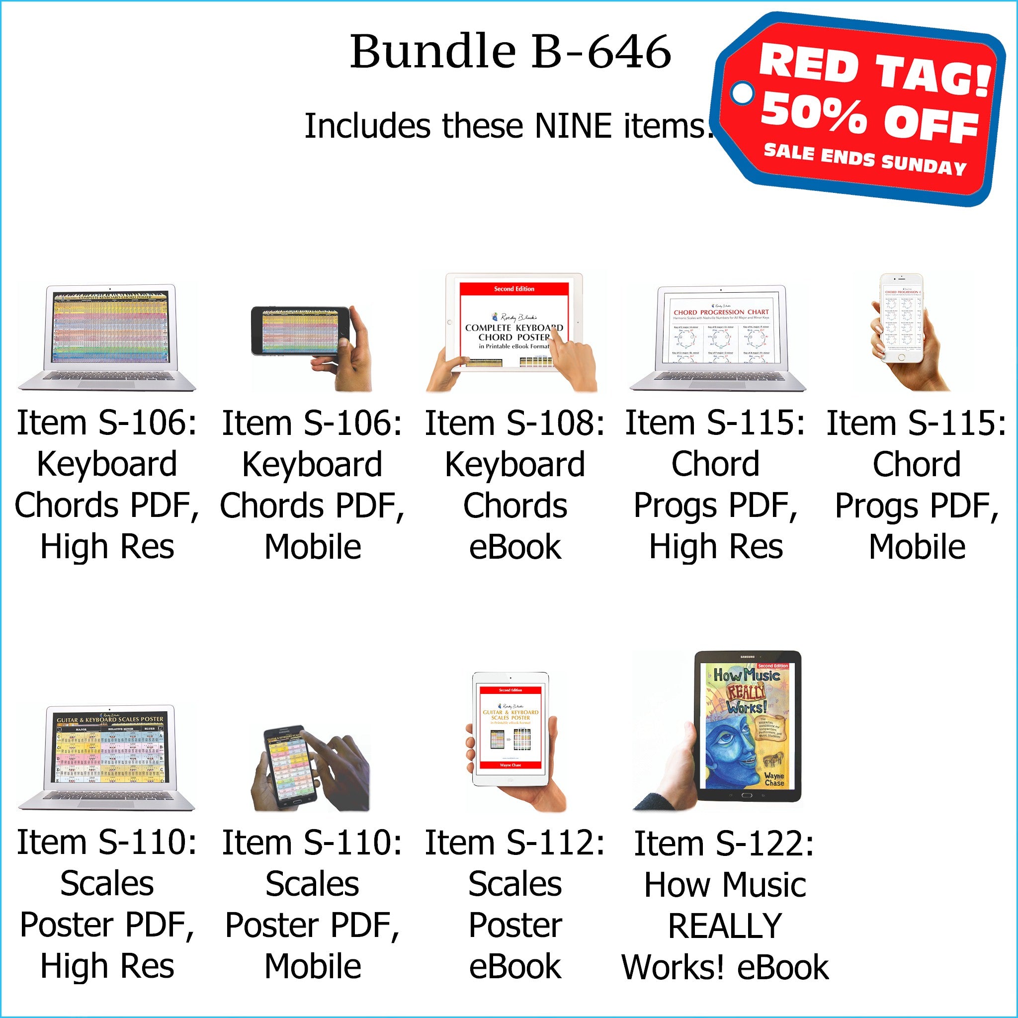 Bundle B-646: How Music REALLY Works! E-Book + Keyboard Chords, Chord Progressions, Scales - E-Posters and Printable E-Books. FREE Download Protection.