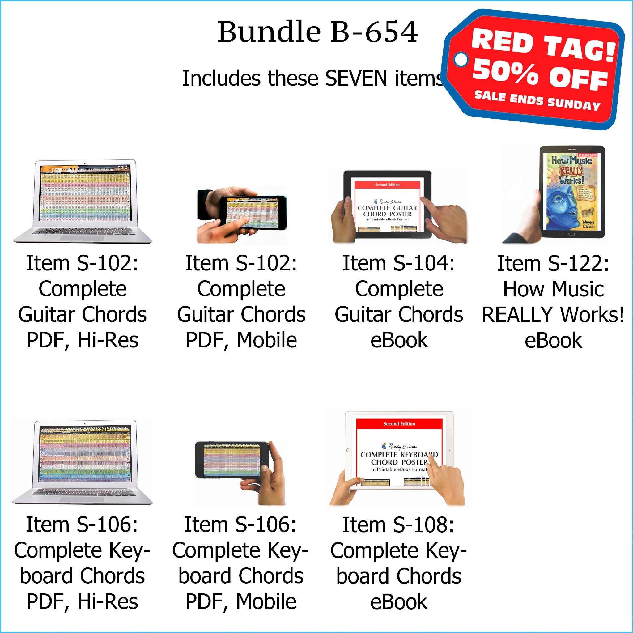 Bundle B-654: How Music REALLY Works! E-Book + Complete Guitar Chords, Complete Keyboard Chords - E-Posters and Printable E-Books. FREE Download Protection.