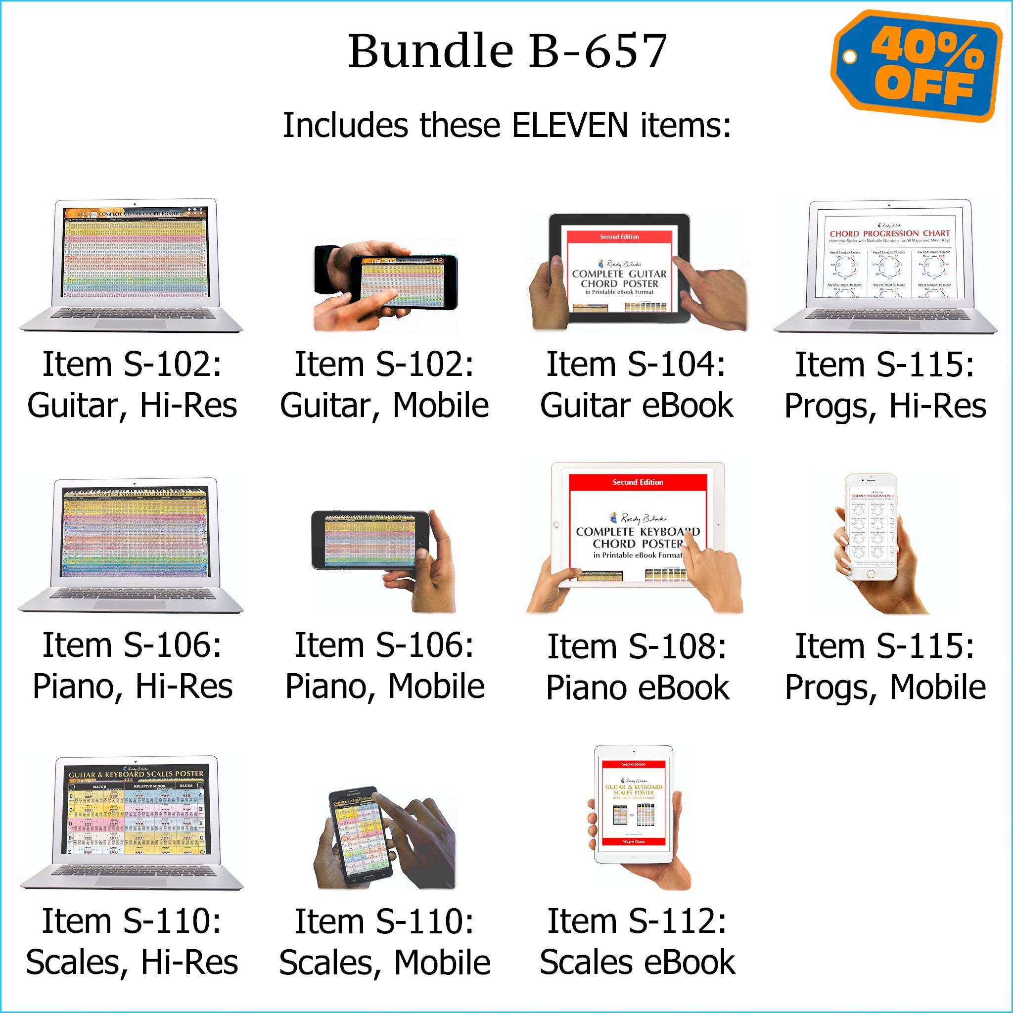 Bundle B-657: Complete Guitar Chords, Complete Keyboard Chords, Scales, Chord Progressions - E-Posters and Printable E-Books. FREE Download Protection.