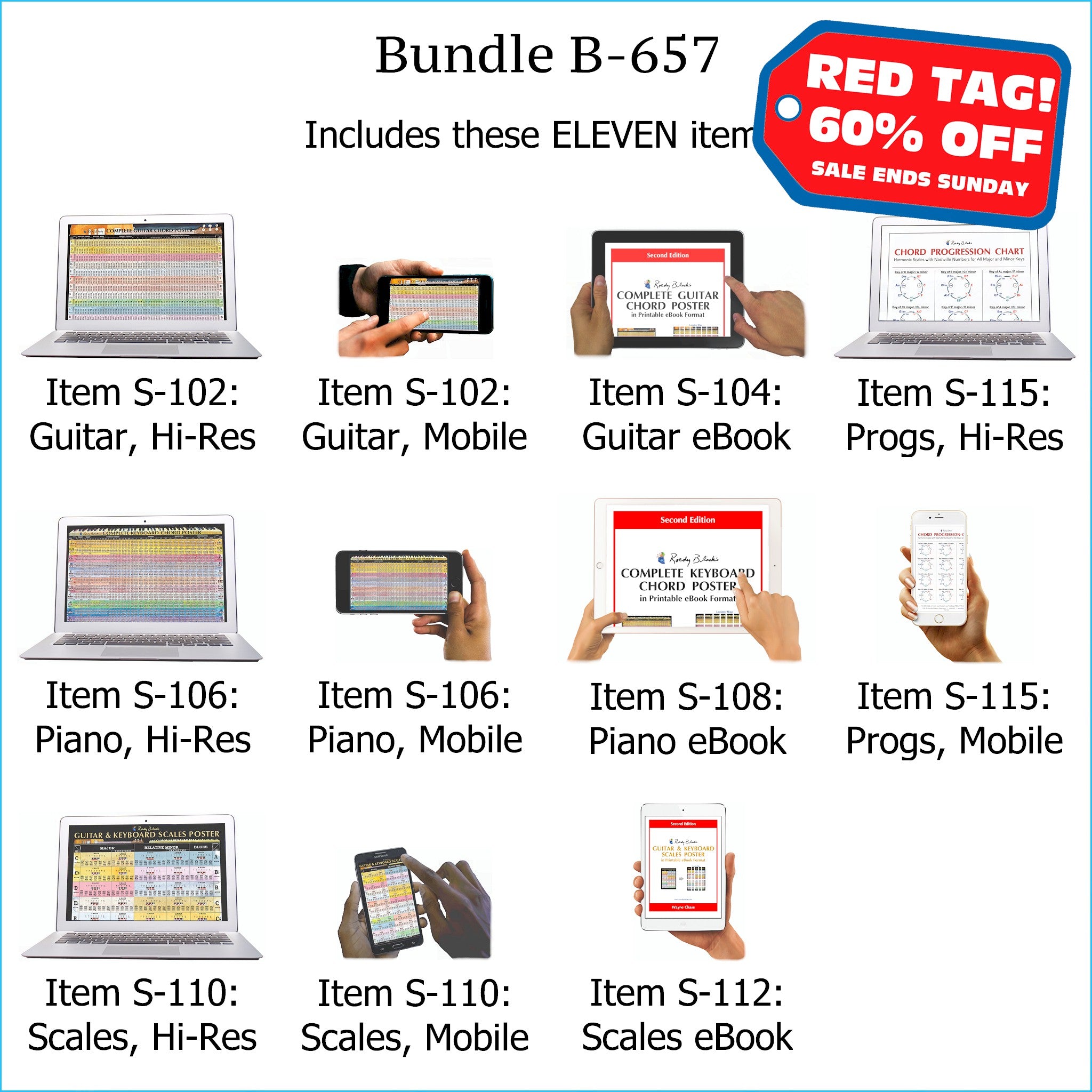 Bundle B-657: Complete Guitar Chords, Complete Keyboard Chords, Scales, Chord Progressions - E-Posters and Printable E-Books. FREE Download Protection.