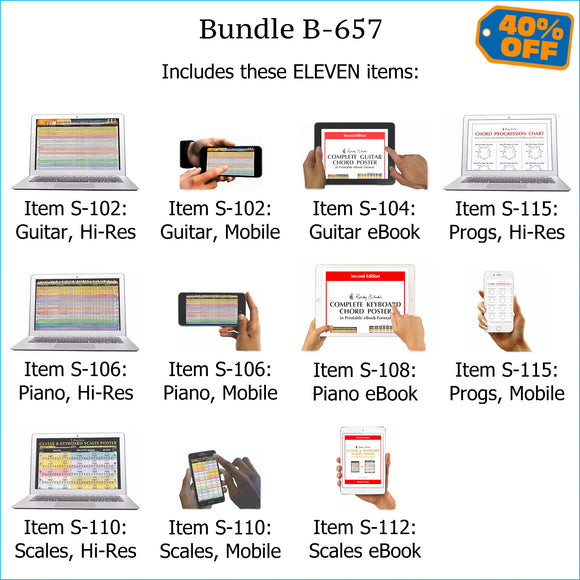 Bundle B-657: Complete Guitar Chords, Complete Keyboard Chords, Scales, Chord Progressions - E-Posters and Printable E-Books. FREE Download Protection.