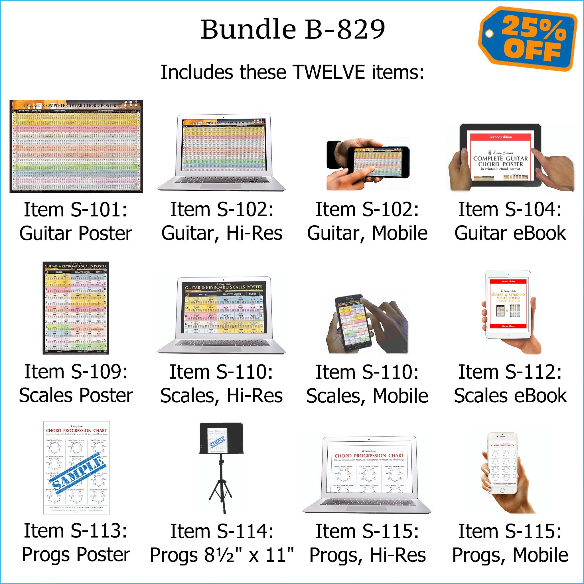 Bundle B-829: Laminated Wall Posters, E-Posters, E-Books - Guitar Chords, Scales, Chord Progressions. FREE SHIPPING – USA & Canada.
