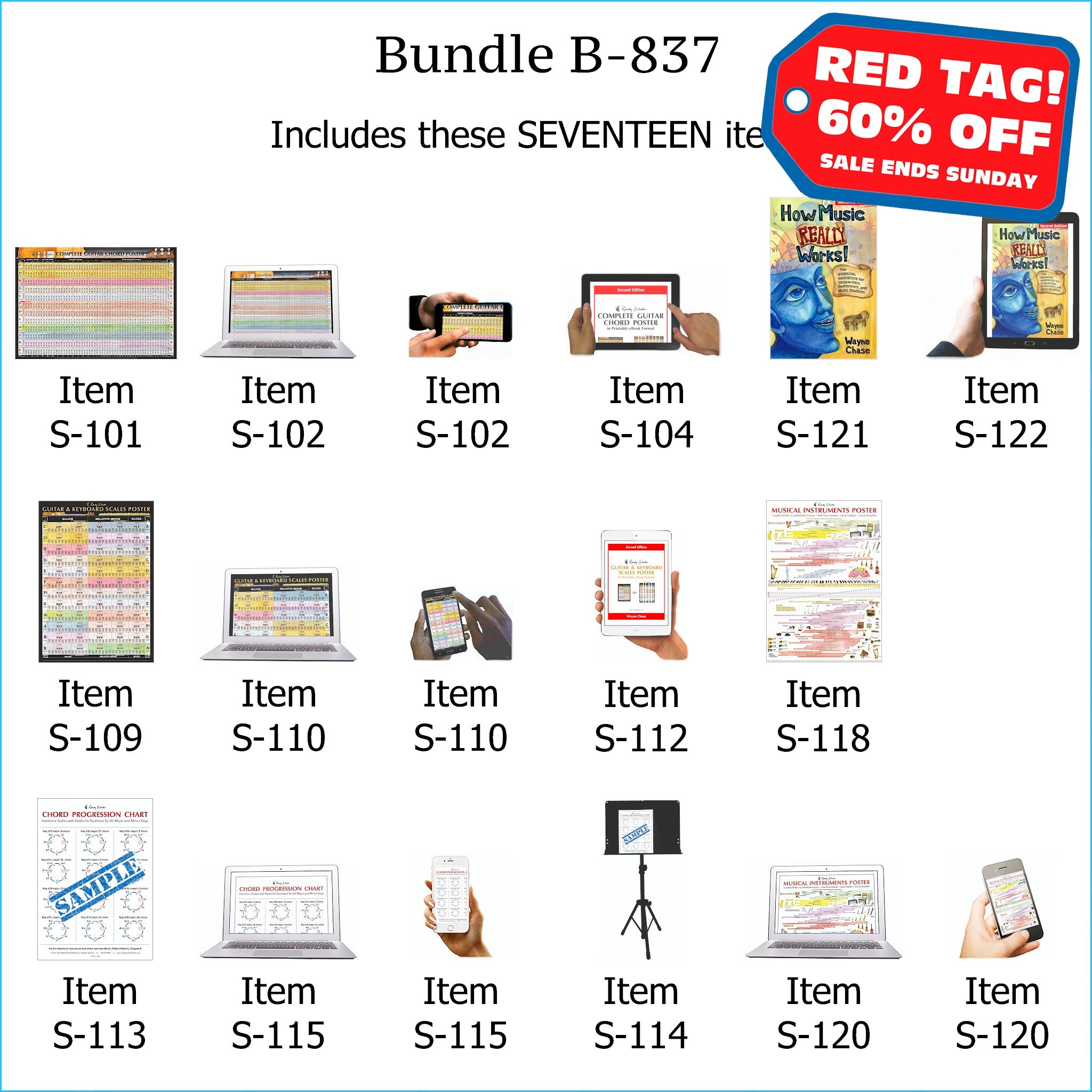 Bundle B-837: How Music REALLY Works! Print Book + E-Book, Laminated Wall Posters, E-Posters and Printable E-Books - Guitar Chords, Scales, Chord Progressions. FREE SHIPPING – USA & Canada.