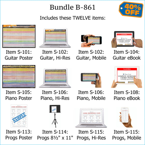 Bundle B-861: Laminated Wall Posters, E-Posters, E-Books - Complete Guitar Chords, Complete Keyboard Chords, Chord Progressions. FREE SHIPPING – USA & Canada.