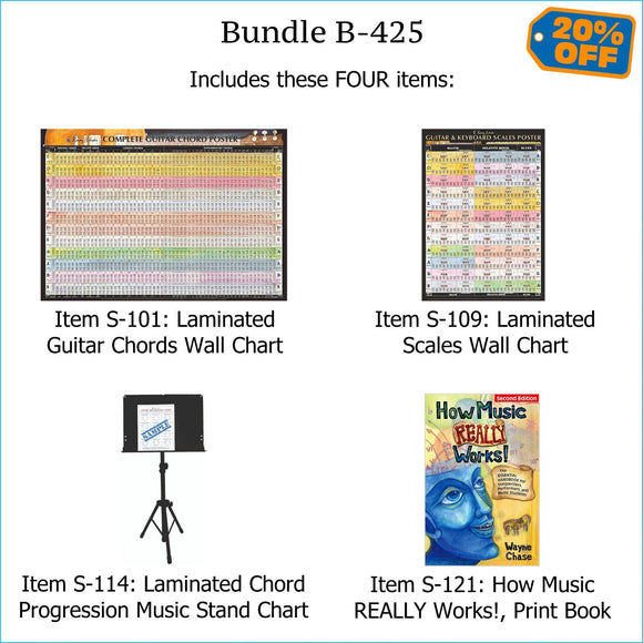 Laminated charts of guitar chords, scales, and chord progressions, and how music really works print book