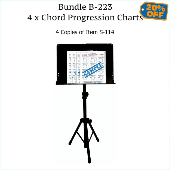 Four chord progression charts, music stand size.