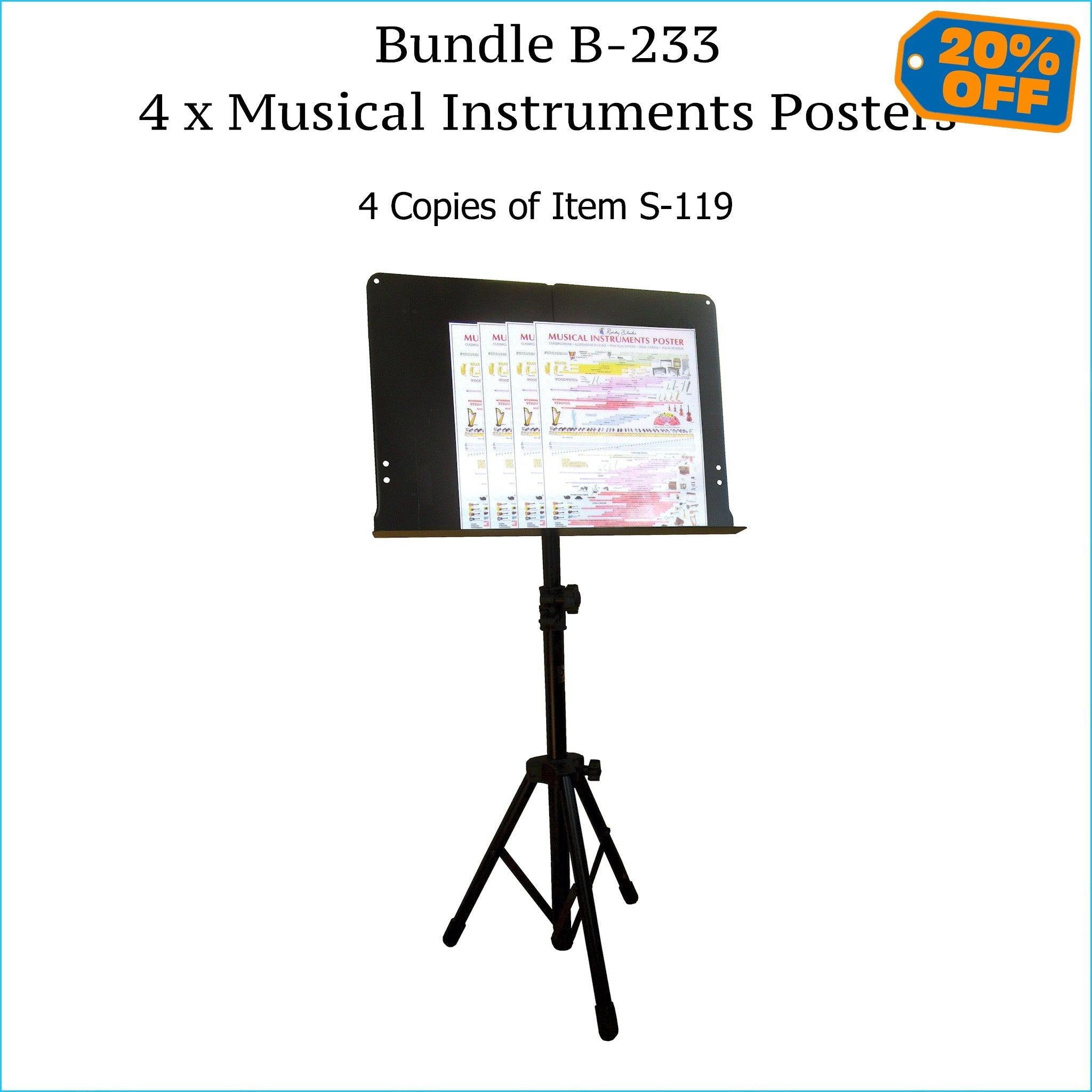 Four musical instruments posters, music stand size.